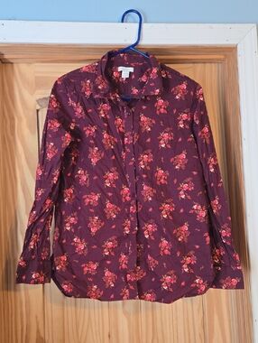Garnet Hill Burgundy Floral Button-Up Blouse